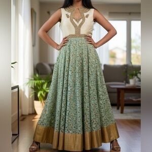 Elegant Floral Green and Gold Skirt
